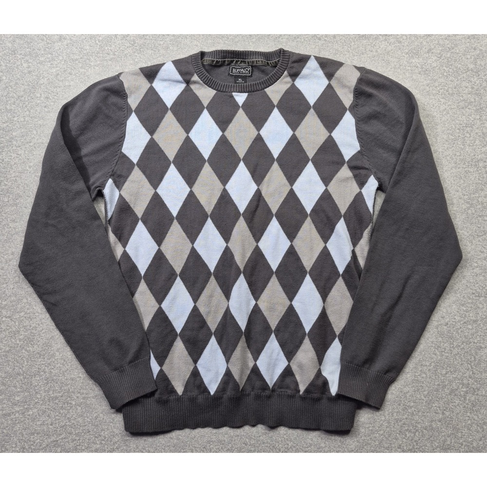 Buffalo David Bitton Sweater Mens XL Blue Gray Argyle Knit 100% Cotton Pullover